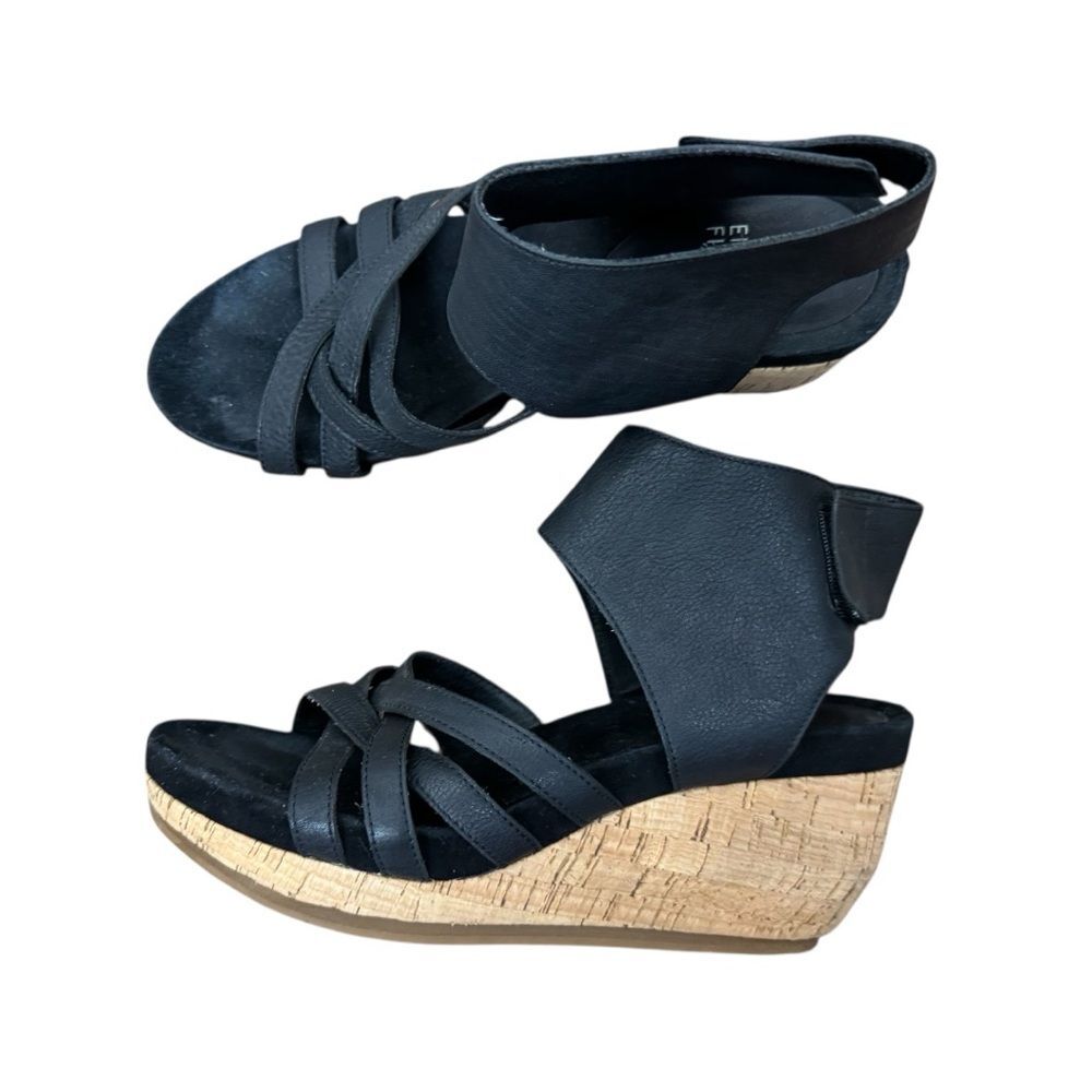 Eileen Fisher Vast Cork Leather Wedge Cuffed Ankle Sandals Black 7